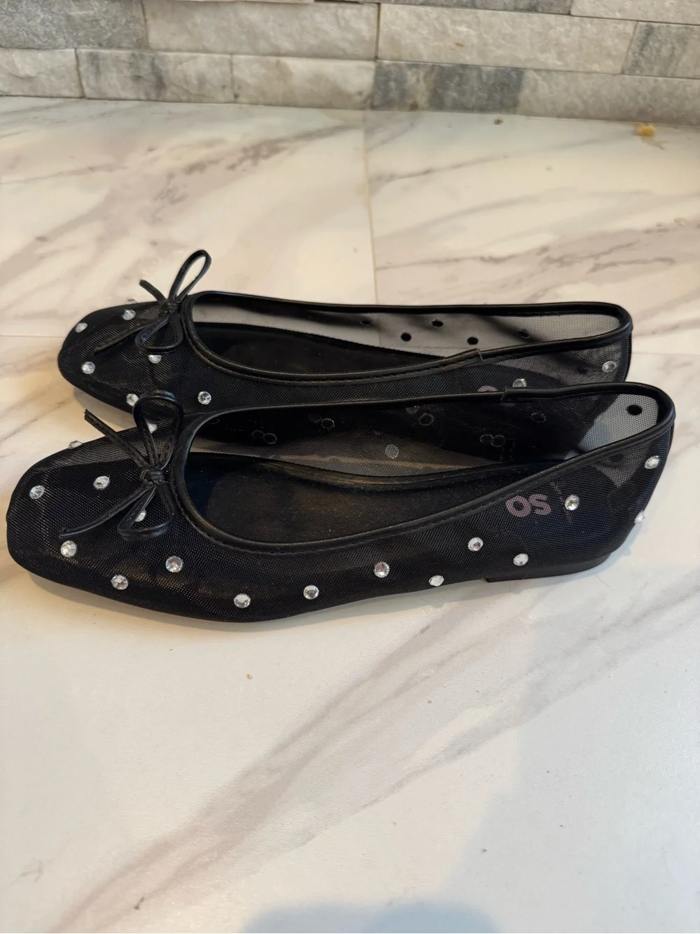 SO Black Mesh Ballet Flats with Bow and Rhinestone Studs